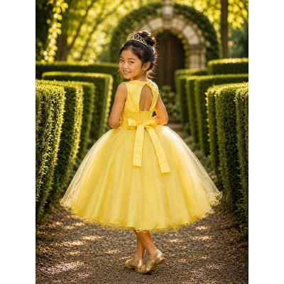 Vestido Infantil Amarelo Rendado Luxo Flores em Aplique