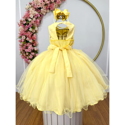Vestido Infantil Amarelo Rendado Luxo Flores em Aplique