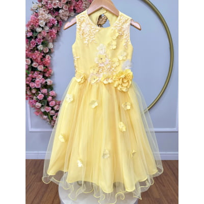 Vestido Infantil Amarelo Rendado Luxo Flores em Aplique