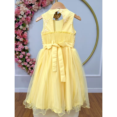 Vestido Infantil Amarelo Rendado Luxo Flores em Aplique