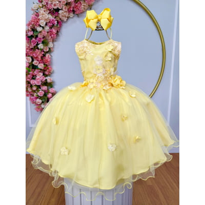 Vestido Infantil Amarelo Rendado Luxo Flores em Aplique Vestido Infantil Amarelo Rendado Luxo Flores em Aplique