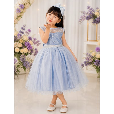 Vestido Infantil Azul C/ Renda e Tule De Brilho