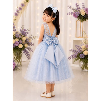 Vestido Infantil Azul C/ Renda e Tule De Brilho