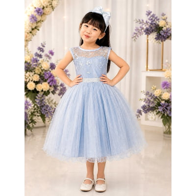 Vestido Infantil Azul C/ Renda e Tule De Brilho