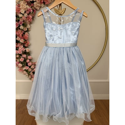 Vestido Infantil Azul C/ Renda e Tule De Brilho