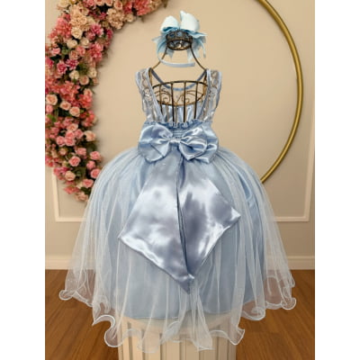 Vestido Infantil Azul C/ Renda e Tule De Brilho