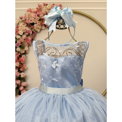 Vestido Infantil Azul C/ Renda e Tule De Brilho