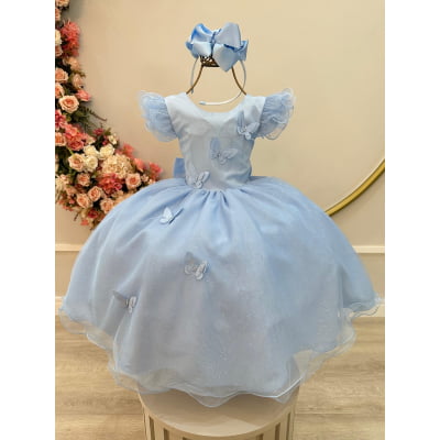 Vestido Infantil Azul Claro C/ Apliques de Borboletas Festas