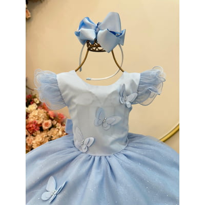 Vestido Infantil Azul Claro C/ Apliques de Borboletas Festas