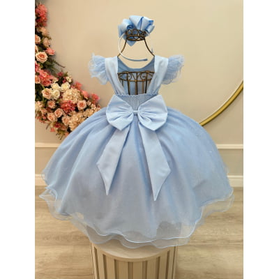 Vestido Infantil Azul Claro C/ Apliques de Borboletas Festas