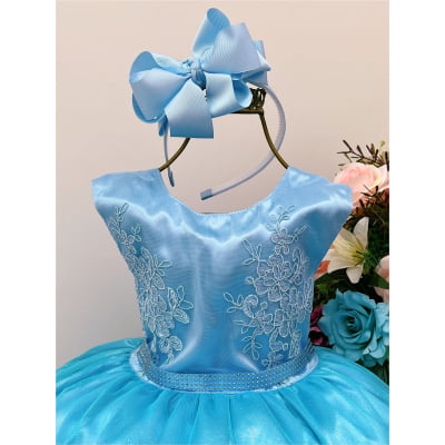 Vestido Infantil Azul Com Renda Busto Cinto Strass Luxo
