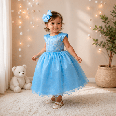 Vestido Infantil Azul Com Renda Busto Cinto Strass Luxo