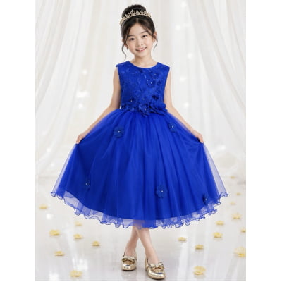 Vestido Infantil Azul Royal C/ Renda e Aplique de Flores Damas Vestido Infantil Azul Royal C/ Renda e Aplique de Flores Damas