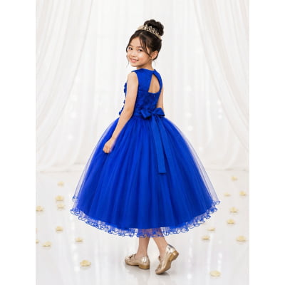 Vestido Infantil Azul Royal C/ Renda e Aplique de Flores Damas