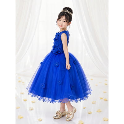 Vestido Infantil Azul Royal C/ Renda e Aplique de Flores Damas
