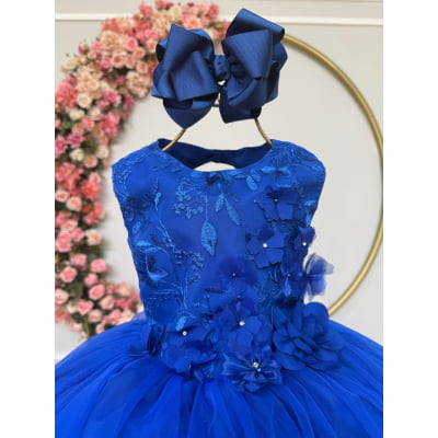 Vestido Infantil Azul Royal C/ Renda e Aplique de Flores Damas