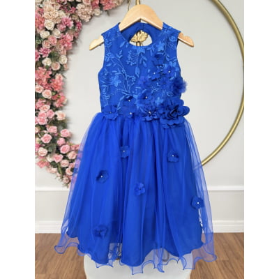 Vestido Infantil Azul Royal C/ Renda e Aplique de Flores Damas