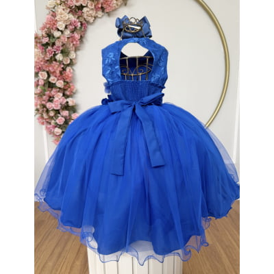 Vestido Infantil Azul Royal C/ Renda e Aplique de Flores Damas