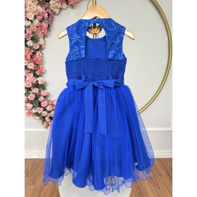 Vestido Infantil Azul Royal C/ Renda e Aplique de Flores Damas