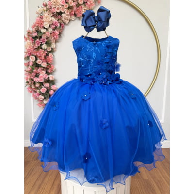 Vestido Infantil Azul Royal C/ Renda e Aplique de Flores Damas Vestido Infantil Azul Royal C/ Renda e Aplique de Flores Damas