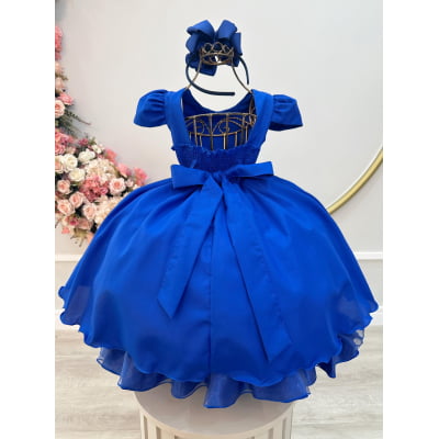 Vestido Infantil Azul Royal Cinto de Pérolas Casamento Luxo