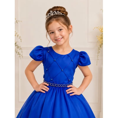 Vestido Infantil Azul Royal Cinto de Pérolas Casamento Luxo