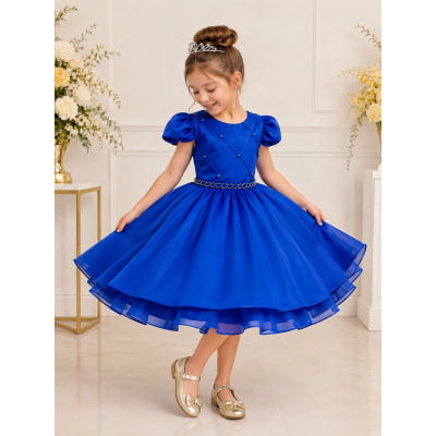 Vestido Infantil Azul Royal Cinto de Pérolas Casamento Luxo
