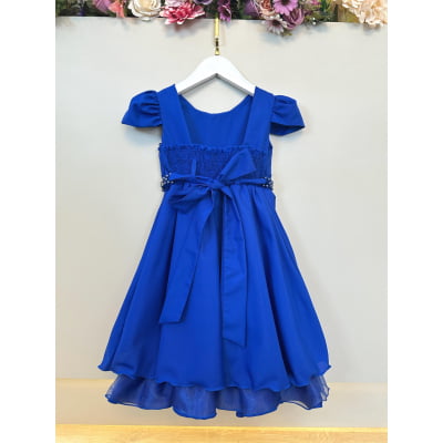 Vestido Infantil Azul Royal Cinto de Pérolas Casamento Luxo