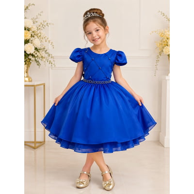 Vestido Infantil Azul Royal Cinto de Pérolas Casamento Luxo