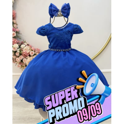 Vestido Infantil Azul Royal Renda Metalizada C/ Tiara Daminhas