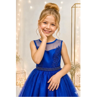 Vestido Infantil Azul Royal Renda Tule C/ Brilho Damas Luxo