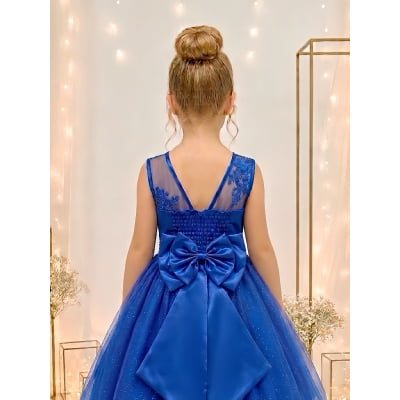 Vestido Infantil Azul Royal Renda Tule C/ Brilho Damas Luxo