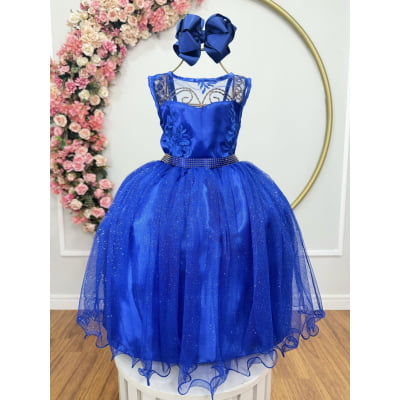 Vestido Infantil Azul Royal Renda Tule C/ Brilho Damas Luxo