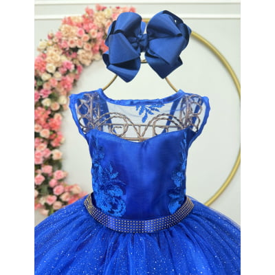 Vestido Infantil Azul Royal Renda Tule C/ Brilho Damas Luxo