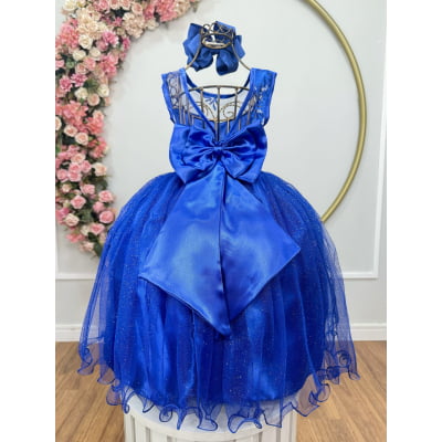Vestido Infantil Azul Royal Renda Tule C/ Brilho Damas Luxo