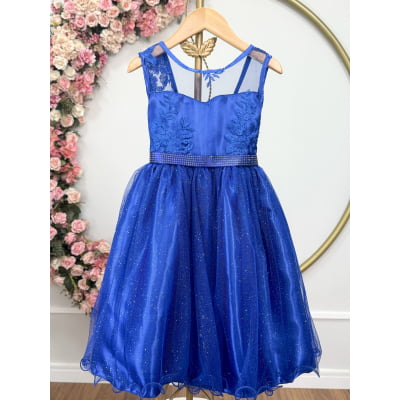 Vestido Infantil Azul Royal Renda Tule C/ Brilho Damas Luxo