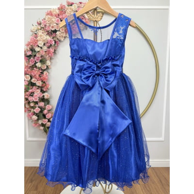 Vestido Infantil Azul Royal Renda Tule C/ Brilho Damas Luxo