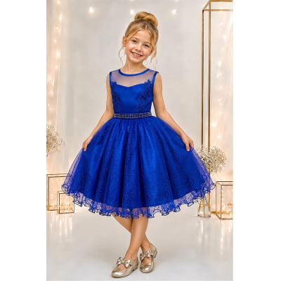 Vestido Infantil Azul Royal Renda Tule C/ Brilho Damas Luxo