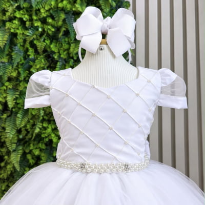 Vestido Infantil Branco Busto Nervura Daminhas Festas, em Tule e Poliéster