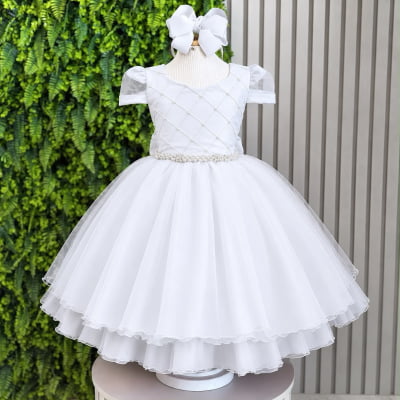 Vestido Infantil Branco Busto Nervura Daminhas Festas, em Tule e Poliéster Vestido Infantil Branco Busto Nervura Daminhas Festas, em Tule e Poliéster