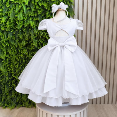 Vestido Infantil Branco Busto Nervura Daminhas Festas, em Tule e Poliéster
