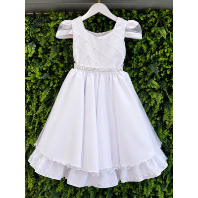 Vestido Infantil Branco Busto Nervura Daminhas Festas, em Tule e Poliéster
