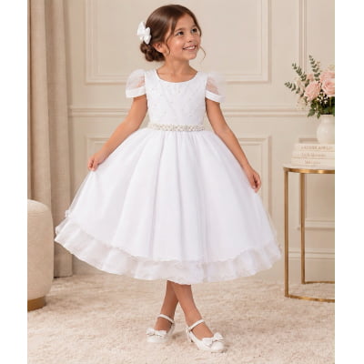 Vestido Infantil Branco Busto Nervura Daminhas Festas, em Tule e Poliéster