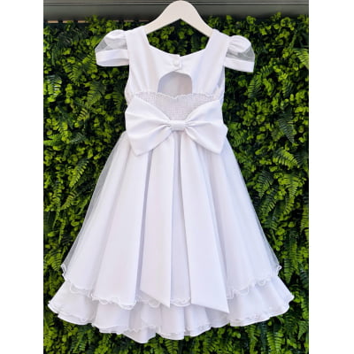 Vestido Infantil Branco Busto Nervura Daminhas Festas, em Tule e Poliéster