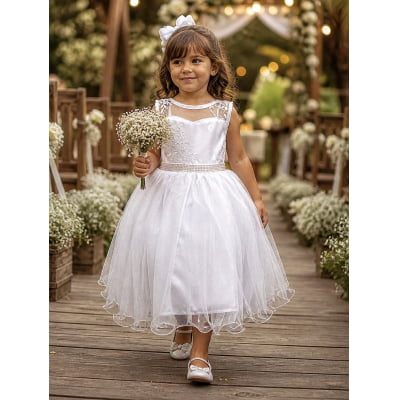 Vestido Infantil Branco C/ Renda e Tule De Brilho