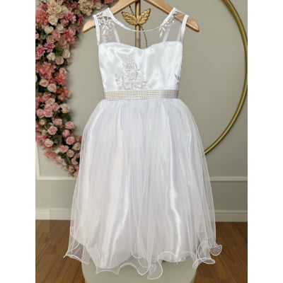 Vestido Infantil Branco C/ Renda e Tule De Brilho