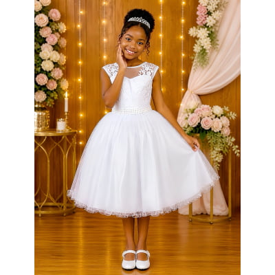 Vestido Infantil Branco C/ Renda e Tule De Brilho