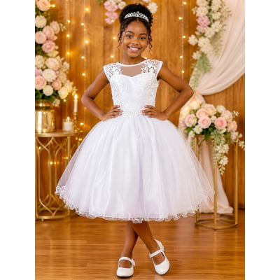Vestido Infantil Branco C/ Renda e Tule De Brilho
