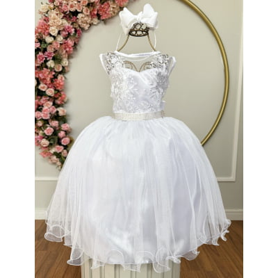 Vestido Infantil Branco C/ Renda e Tule De Brilho