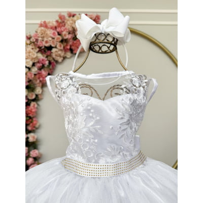Vestido Infantil Branco C/ Renda e Tule De Brilho